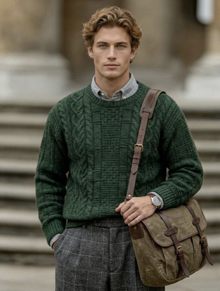 Man in a green cable-knit sweater with a canvas messenger bag