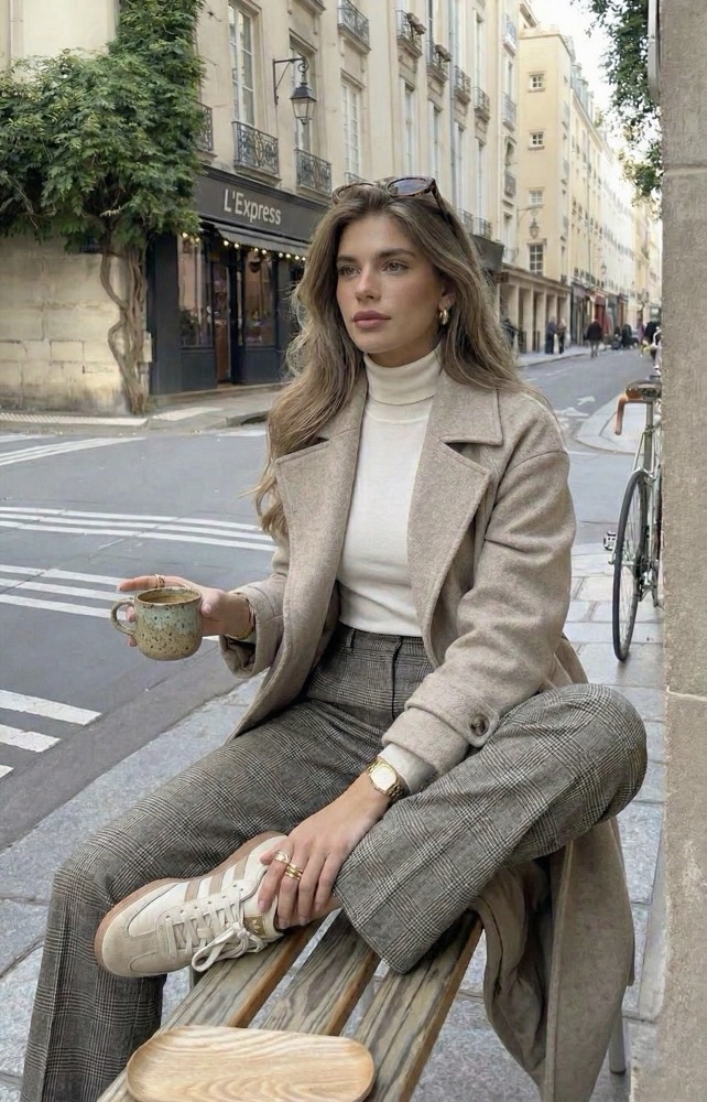 Woman in a camel coat with a coffee on a city street