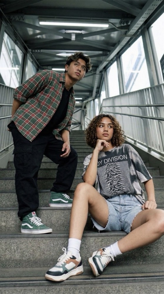 Two friends in streetwear sitting on station stairs